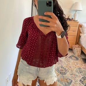 Maroon Blouse with Lace Detailing, Size S!